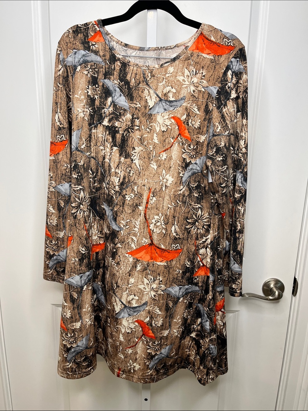 Brown Floral A-Line Dress with Orange and Gray Accents Large